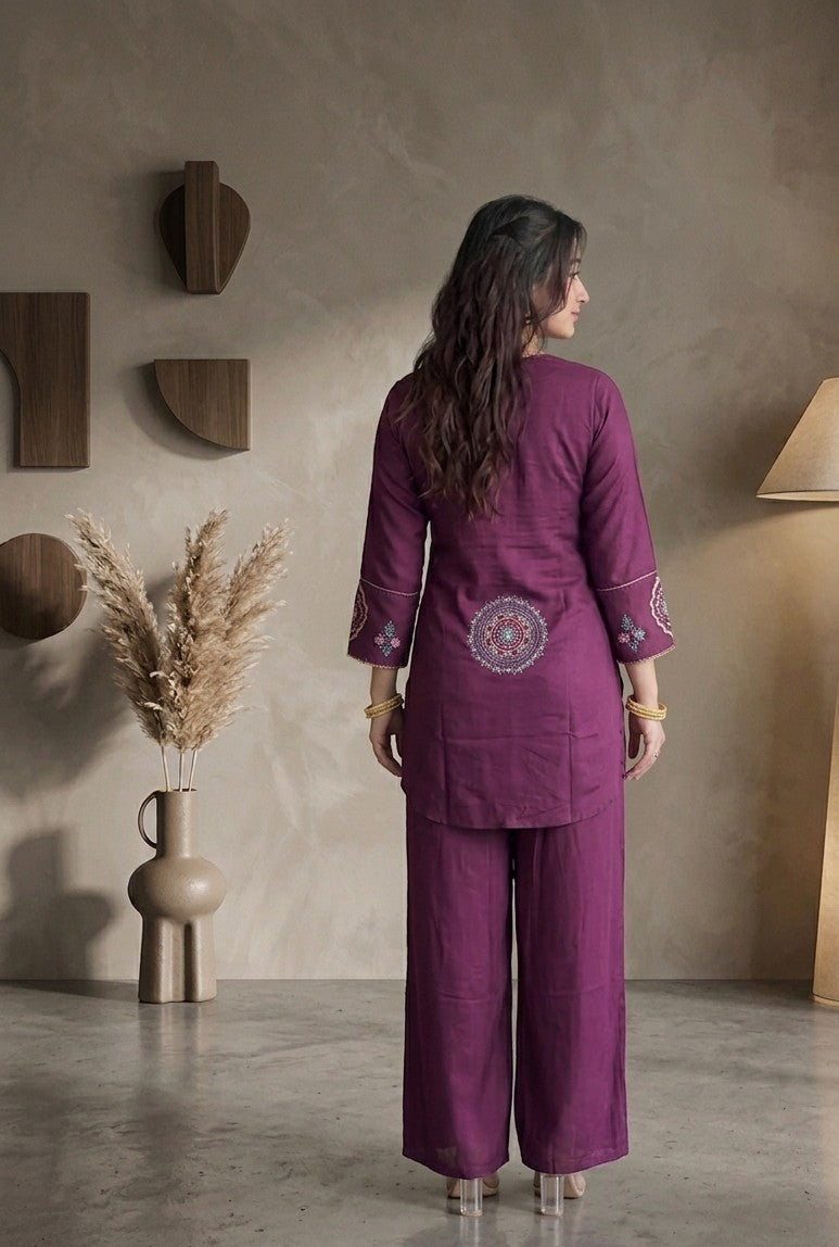 KB Ethnic Premium Cotton Embroidered Co-ord Set - Deep Purple