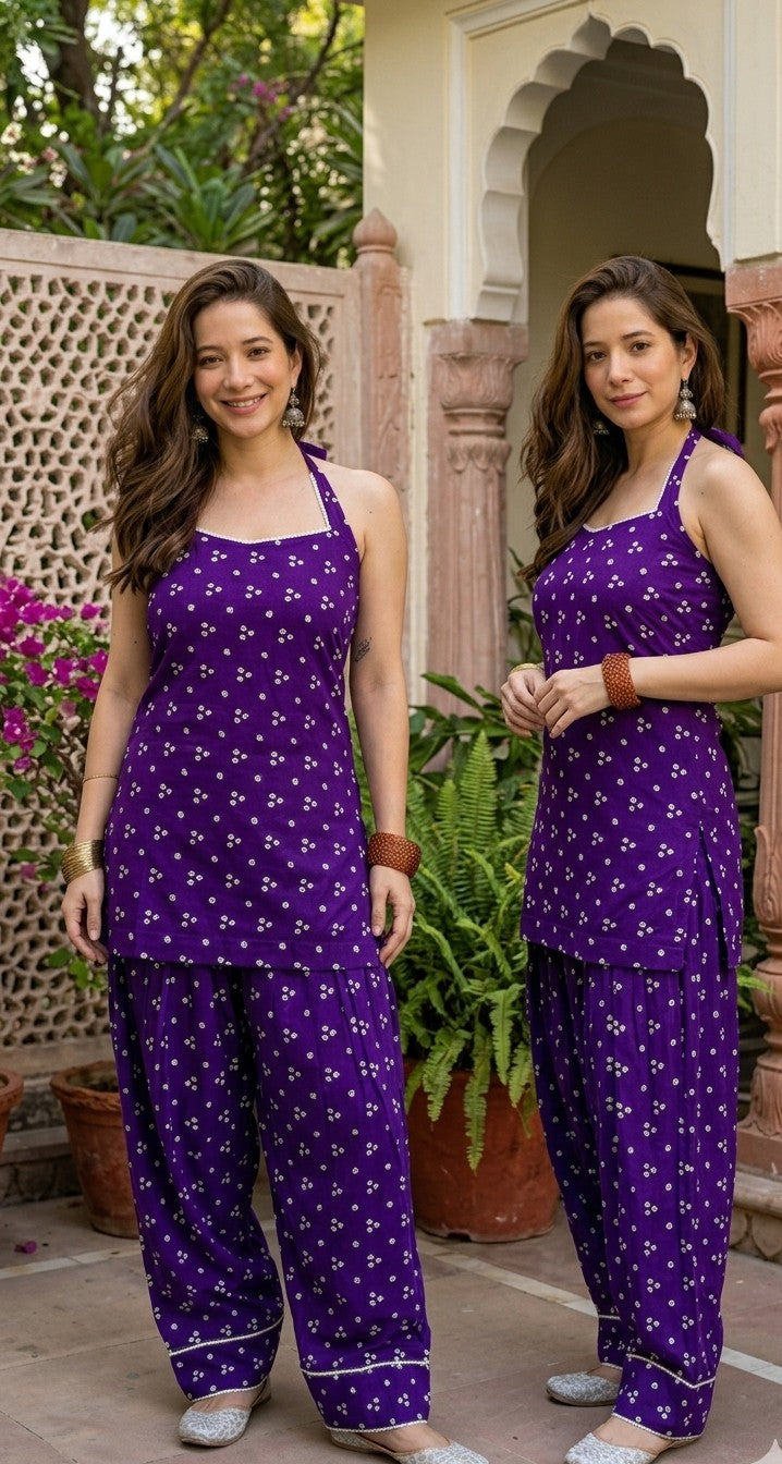 Women's Purple Bandhani Print Halter Neck Kurta with Patiala Salwar Set"