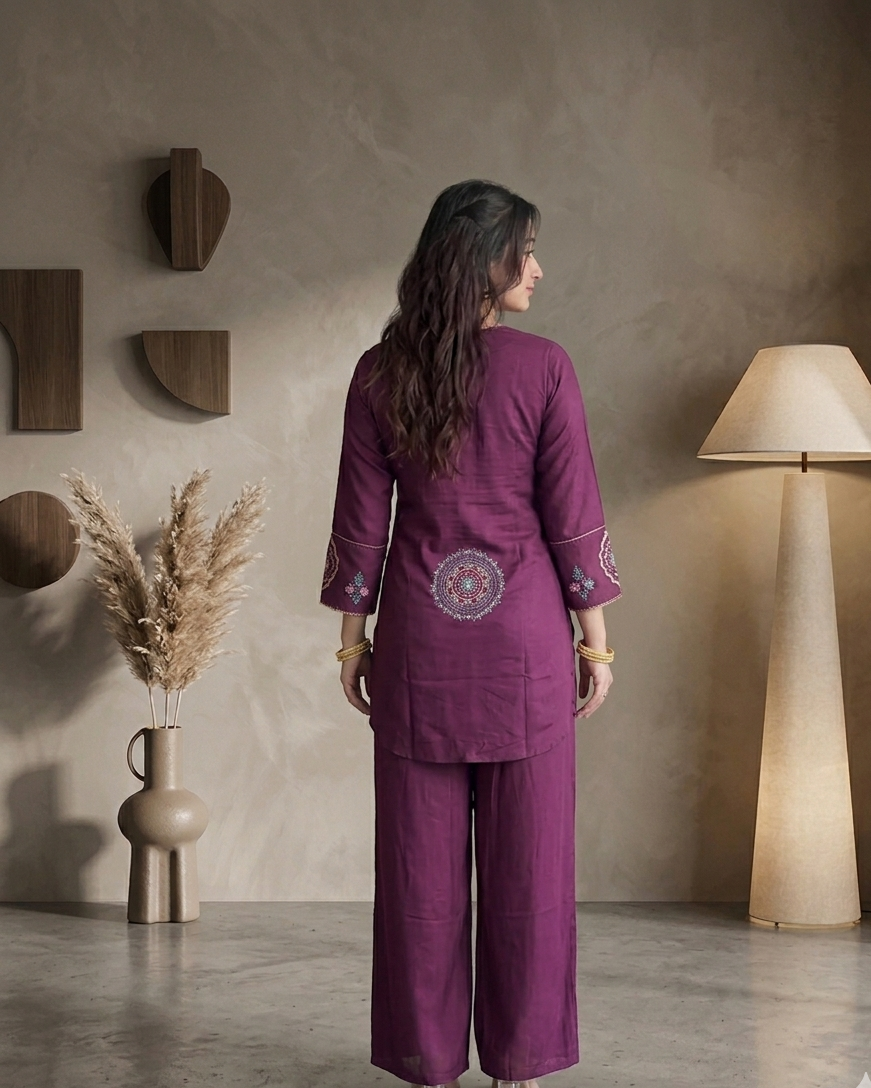 KB Ethnic Premium Cotton Embroidered Co-ord Set - Deep Purple