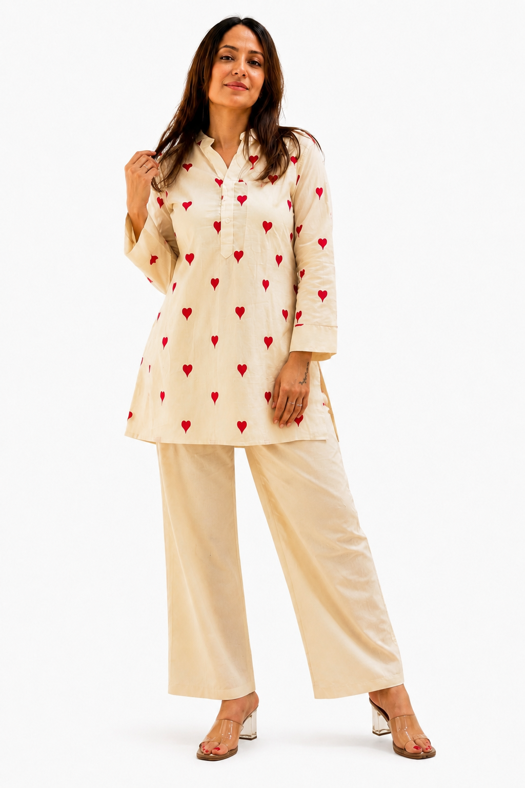 Women's Cotton Blend Printed Kurta with Pant Set | Heart Print | 3/4 Sleeves | Mandarin Collar | Cream