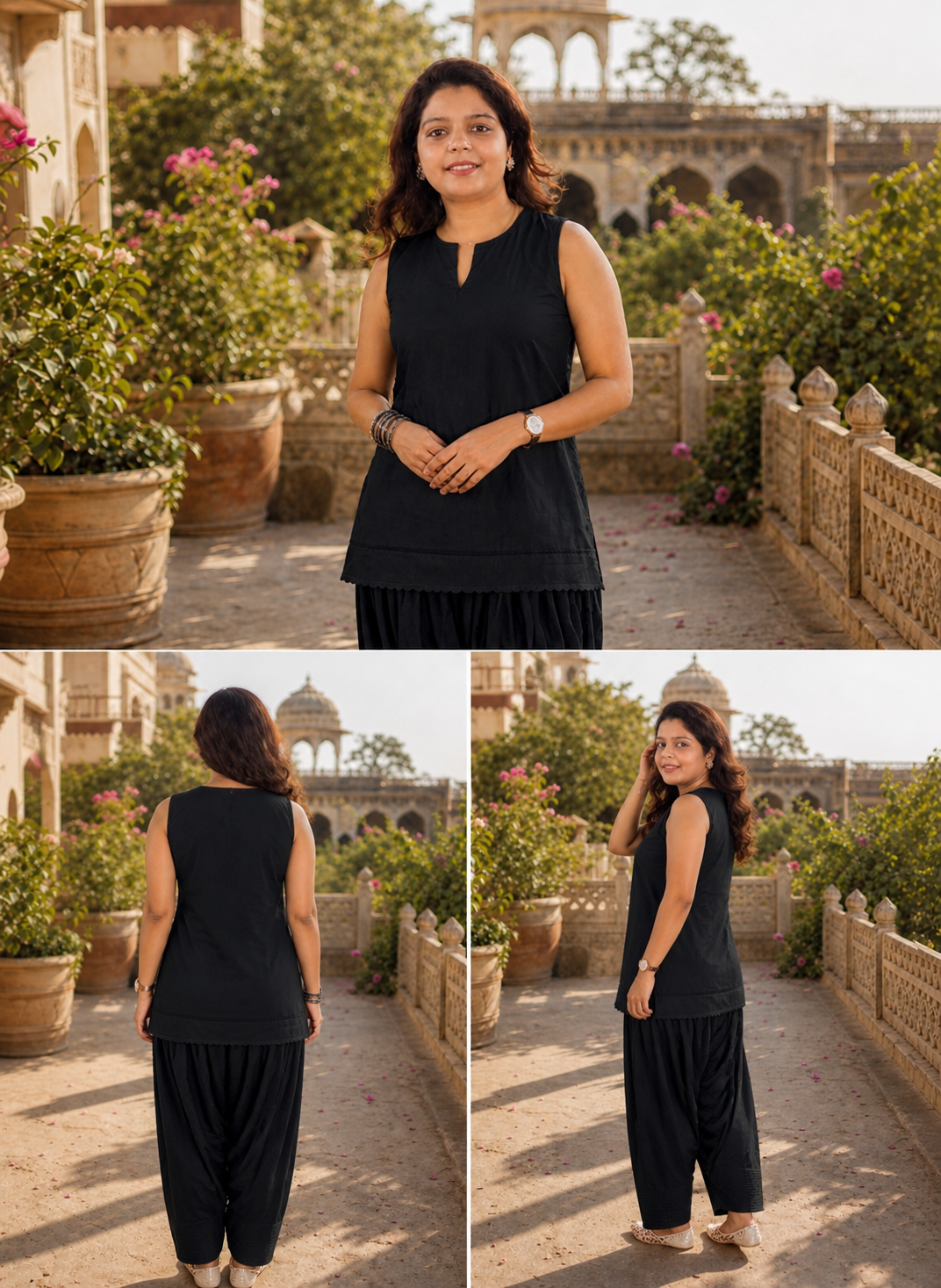 Kaala Noor: Women's Black Cotton Sleeveless Kurti with Farshi Salwar Set