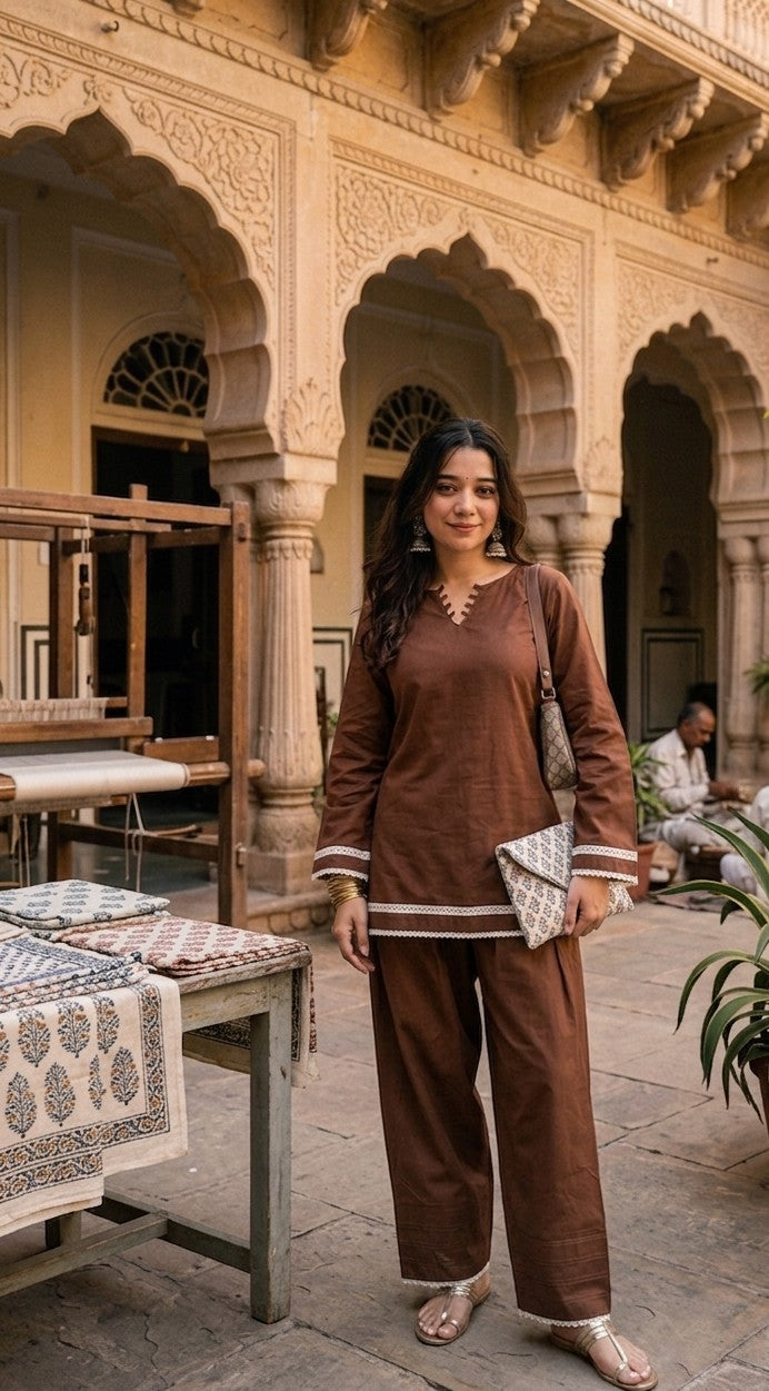 Women Solid Brown Cotton Blend Kurta with Palazzos / Ethnic Co-ord Set