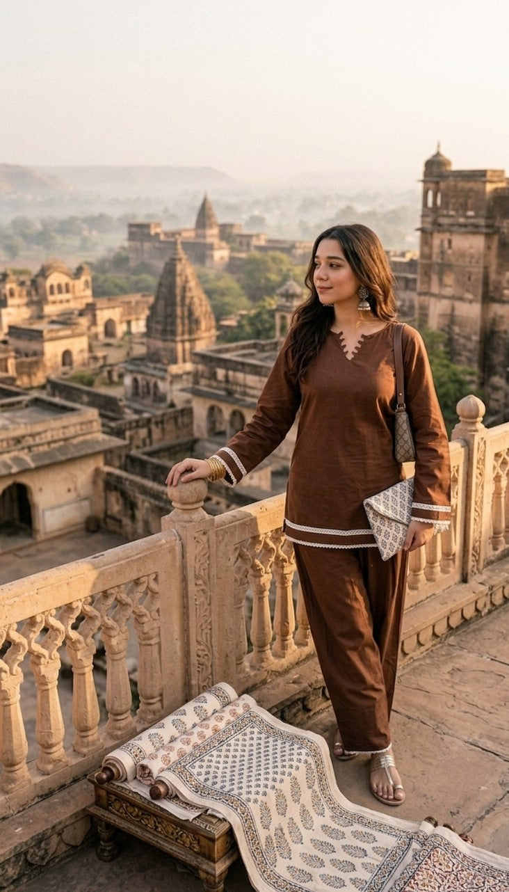 Women Solid Brown Cotton Blend Kurta with Palazzos / Ethnic Co-ord Set