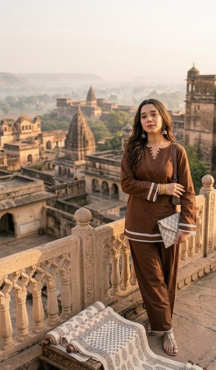 Women Solid Brown Cotton Blend Kurta with Palazzos / Ethnic Co-ord Set