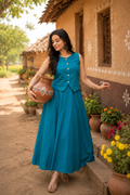 KB Ethnic Women's Solid Cotton Blend Sleeveless Kurti with Flared Skirt Set