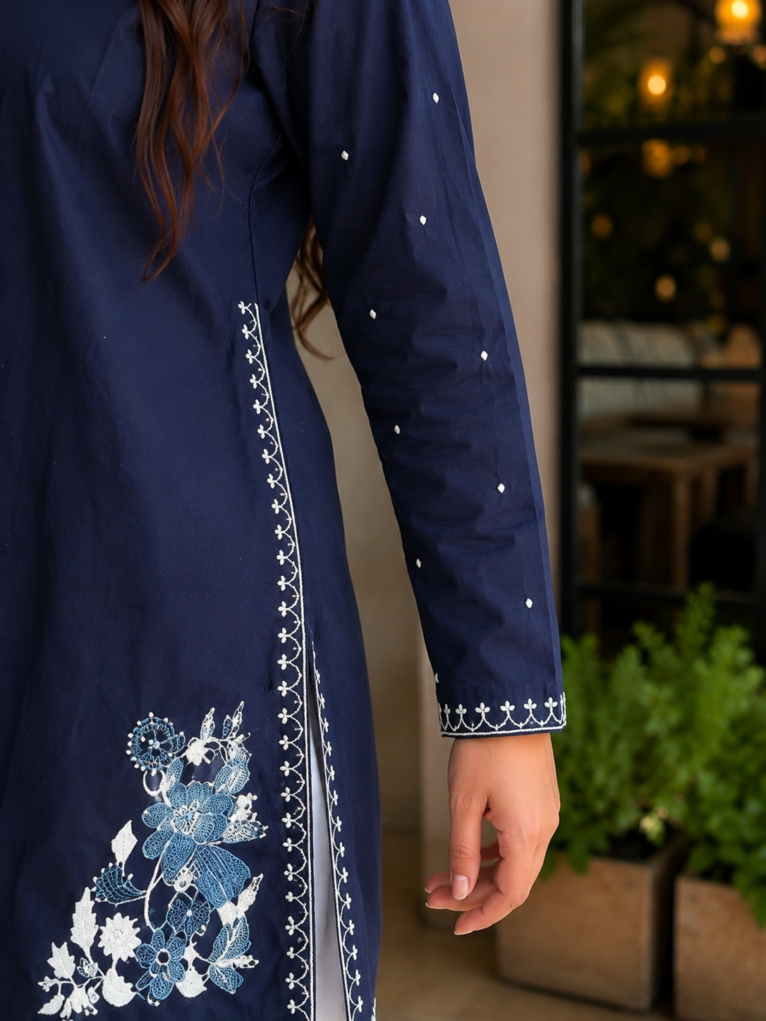 Women’s Navy Blue Embroidered Straight Kurta with White Palazzo Pants | Ethnic Kurta Set