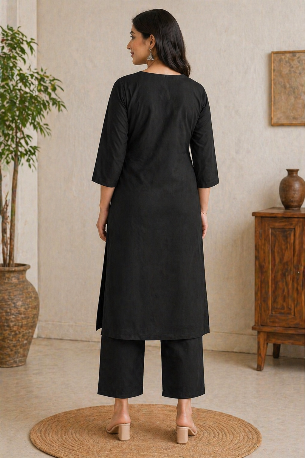 Women's Solid Black Cotton Straight Kurta with Trousers | Pintuck Work Ethnic Set Elegant Black Pintuck Straight Kurta Set for Women - Office & Casual Wear