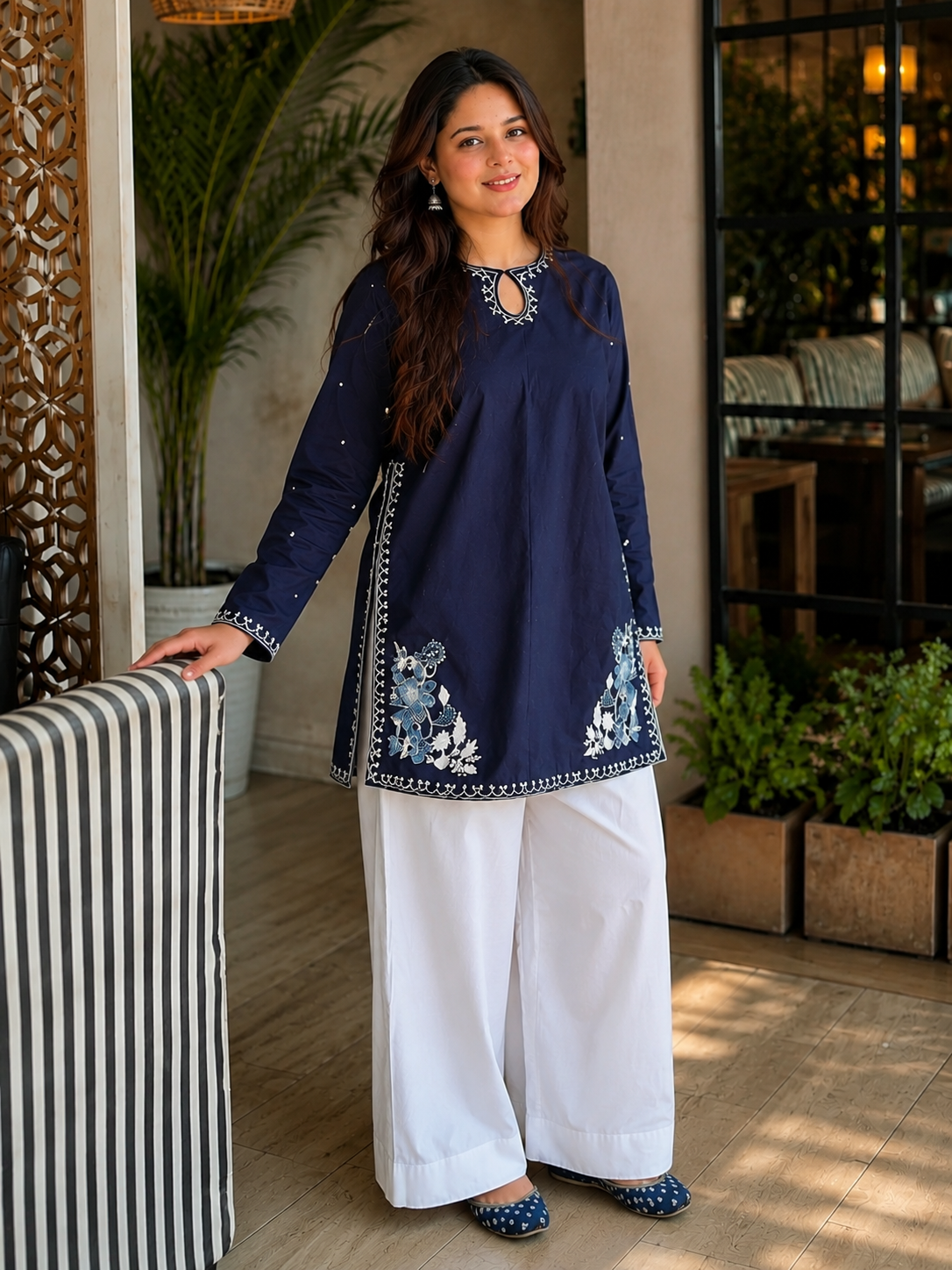 Women’s Navy Blue Embroidered Straight Kurta with White Palazzo Pants | Ethnic Kurta Set