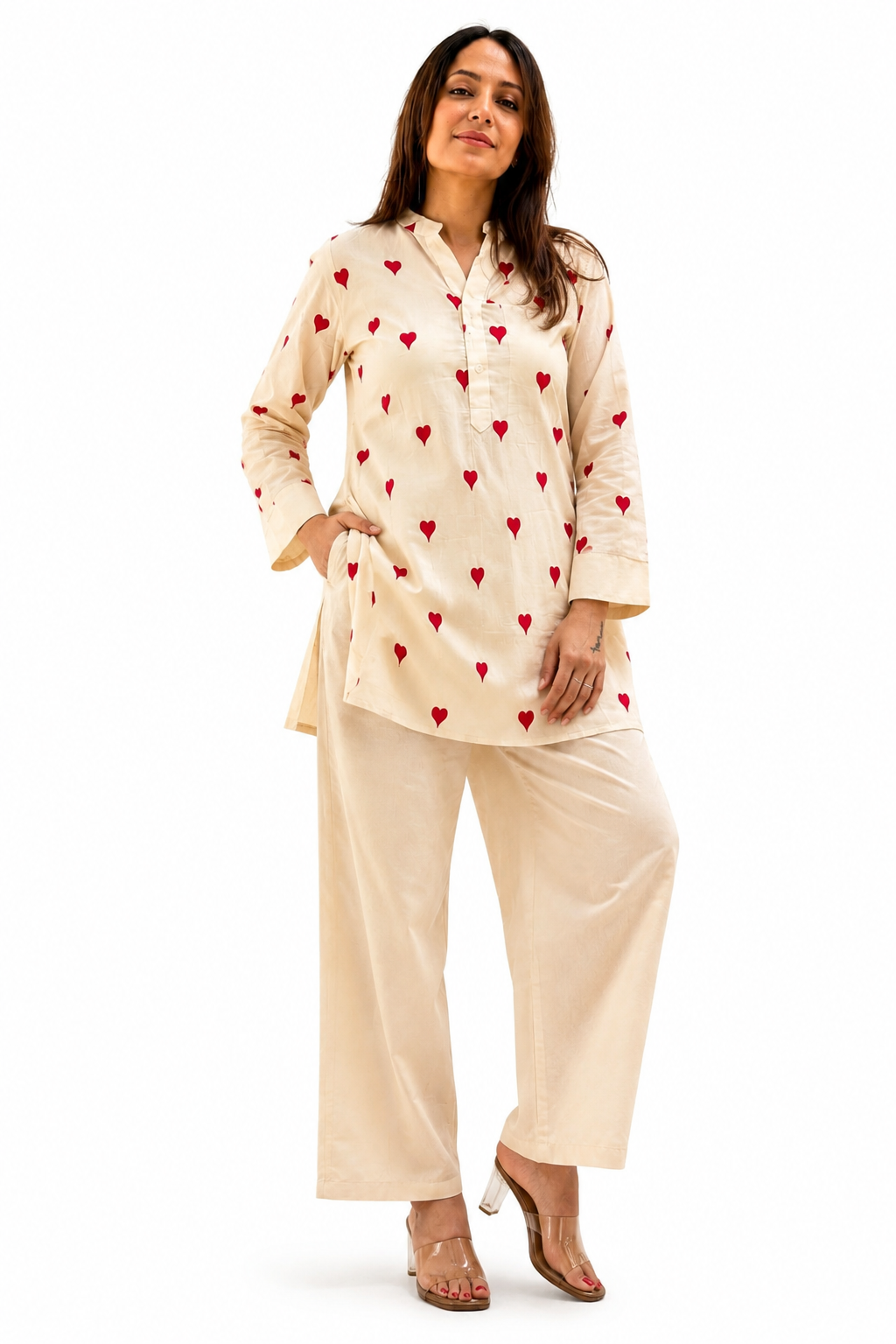 Women's Cotton Blend Printed Kurta with Pant Set | Heart Print | 3/4 Sleeves | Mandarin Collar | Cream