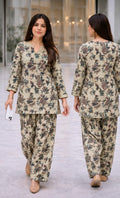 K-B Ethnic Women's Floral Print Cotton Kurti with Matching Salwar Set (Beige)