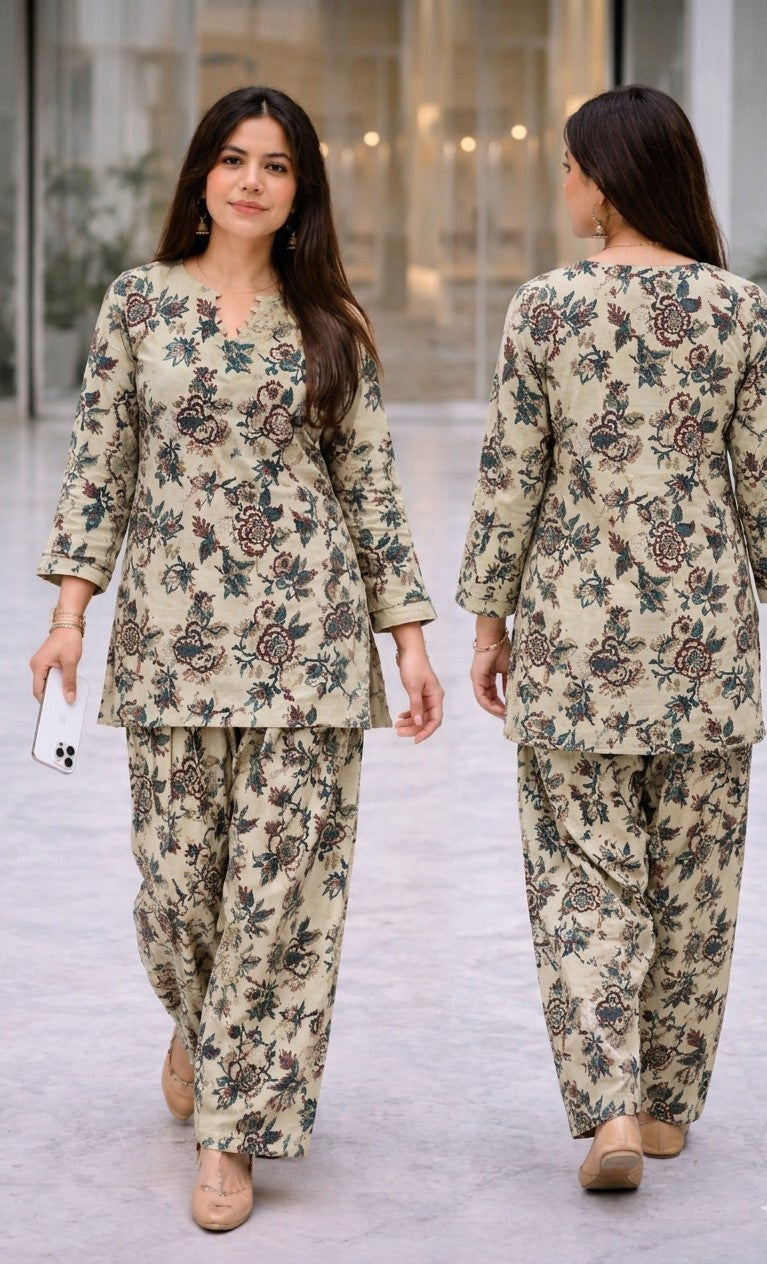 K-B Ethnic Women's Floral Print Cotton Kurti with Matching Salwar Set (Beige)
