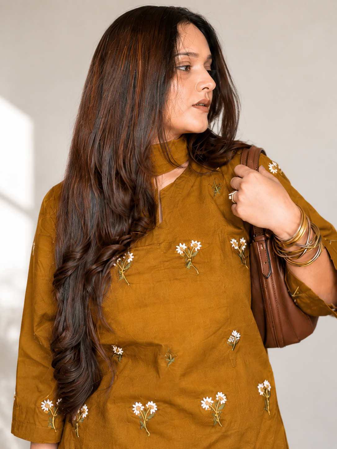 K-B Ethnic Women's Floral Print Cotton Kurti with Matching Salwar Set (Beige)