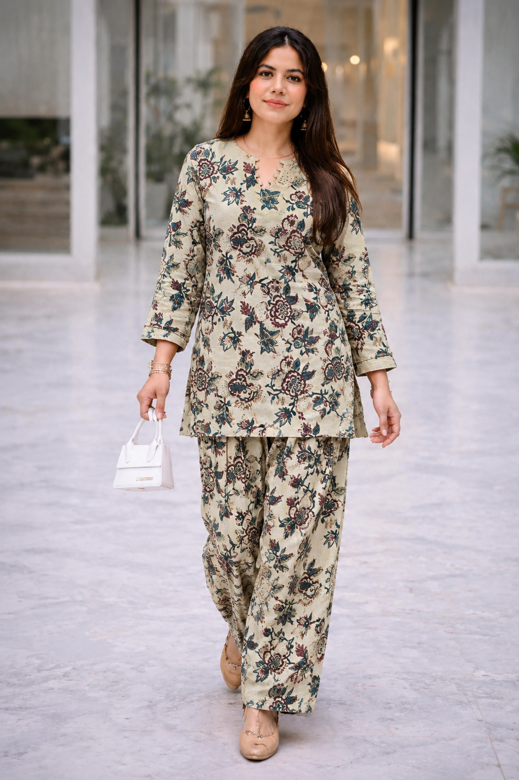 K-B Ethnic Women's Floral Print Cotton Kurti with Matching Salwar Set (Beige)