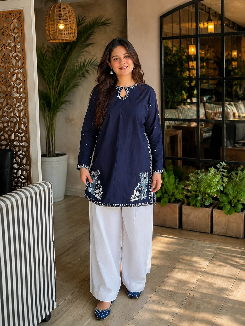 Women’s Navy Blue Embroidered Straight Kurta with White Palazzo Pants | Ethnic Kurta Set
