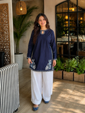 Women’s Navy Blue Embroidered Straight Kurta with White Palazzo Pants | Ethnic Kurta Set