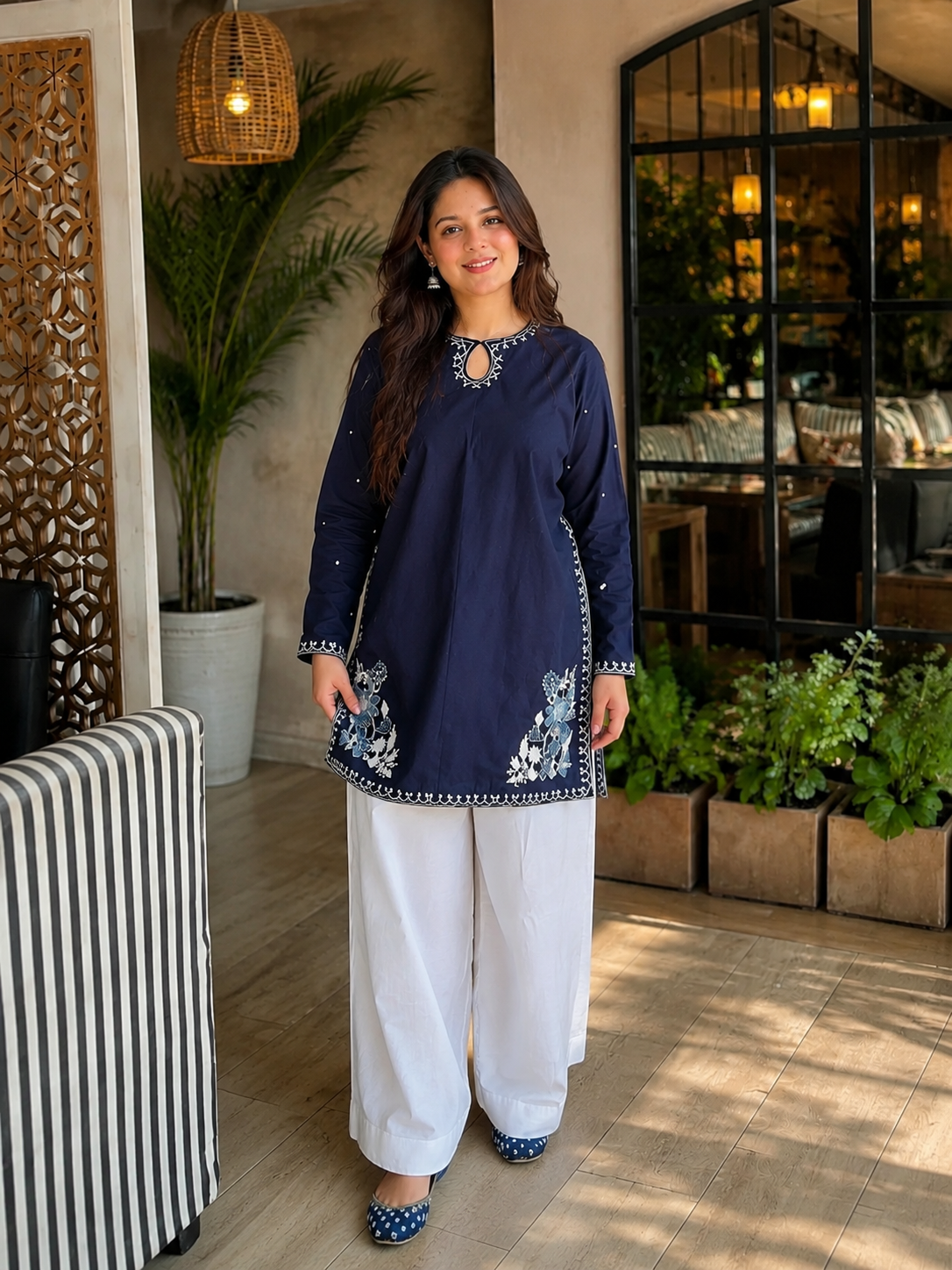 Women’s Navy Blue Embroidered Straight Kurta with White Palazzo Pants | Ethnic Kurta Set