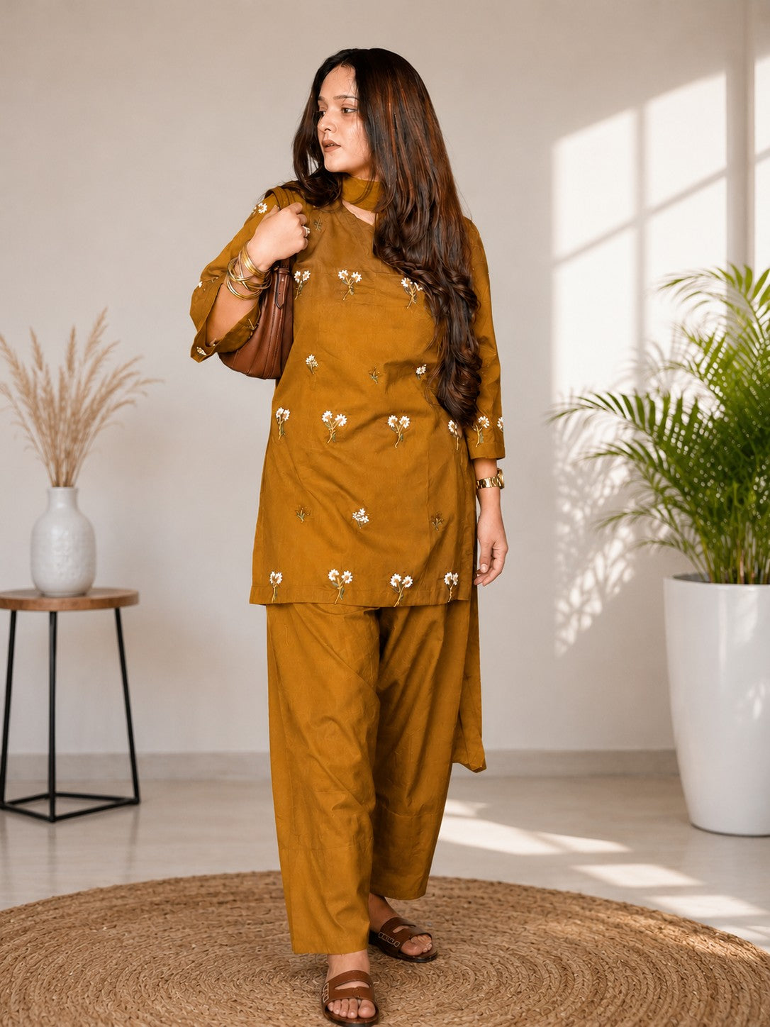 K-B Ethnic Women's Floral Print Cotton Kurti with Matching Salwar Set (Beige)
