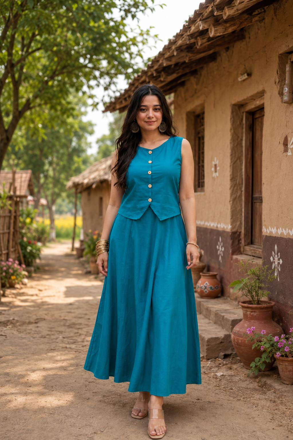 KB Ethnic Women's Solid Cotton Blend Sleeveless Kurti with Flared Skirt Set