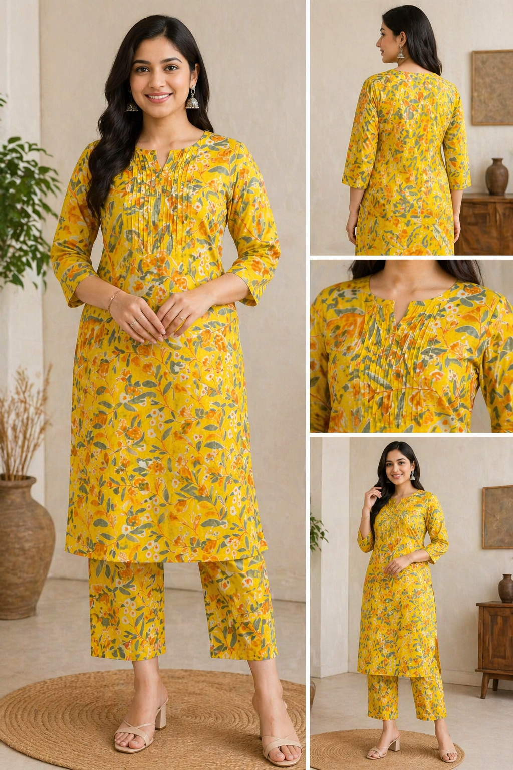 KB Ethnic Women's Yellow Floral Printed Cotton Kurta with Pant Set
Mustard Yellow Floral Printed Straight Kurta & Trousers Set
Women's Jaipuri Floral Print Pleated Neck Kurta Set - Yellow
Elegant Yellow Floral Cotton Co-ord Set for Women