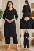 Women's Solid Black Cotton Straight Kurta with Trousers | Pintuck Work Ethnic Set Elegant Black Pintuck Straight Kurta Set for Women - Office & Casual Wear