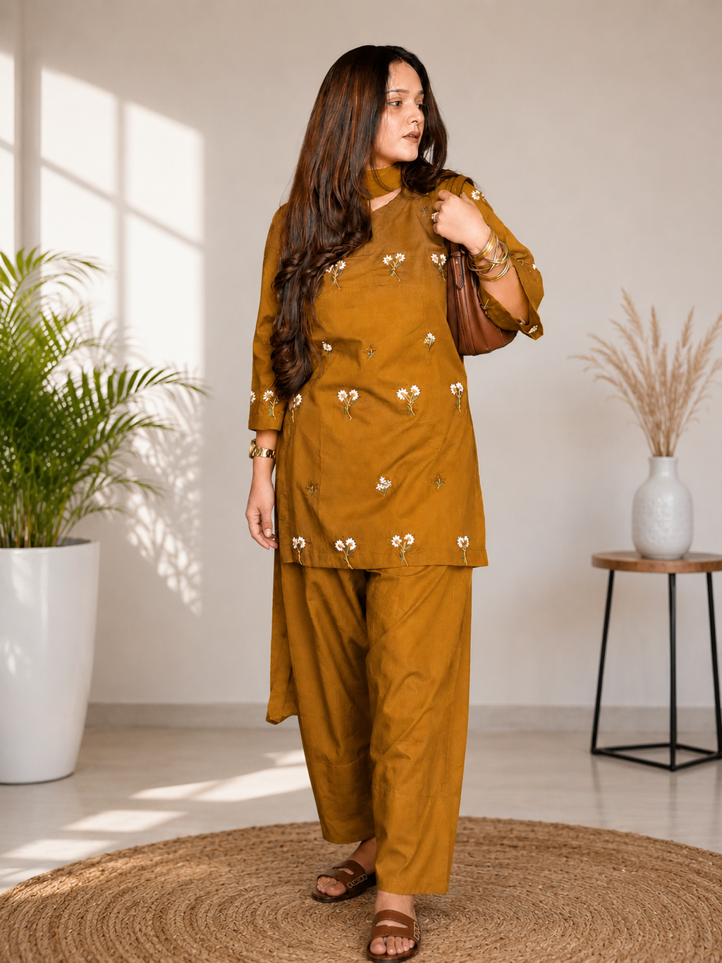 K-B Ethnic Women's Floral Print Cotton Kurti with Matching Salwar Set (Beige)