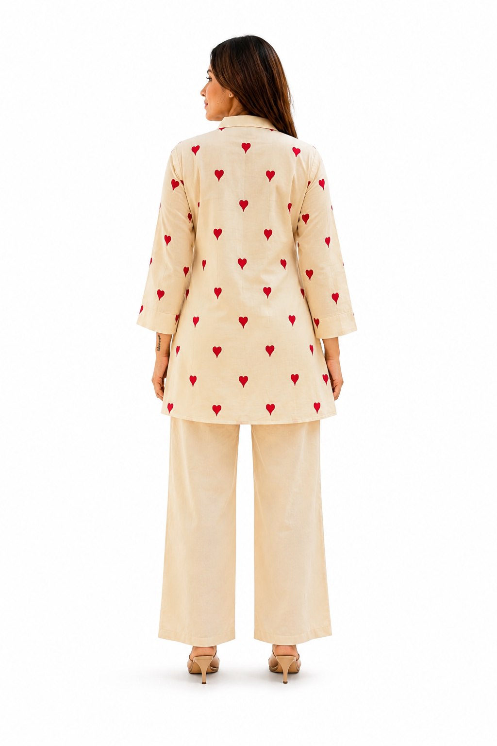 Women's Cotton Blend Printed Kurta with Pant Set | Heart Print | 3/4 Sleeves | Mandarin Collar | Cream